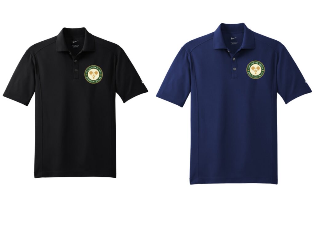 Black and navy Nike Dri-FIT polos printed with The Paddle House logo for a local television interview