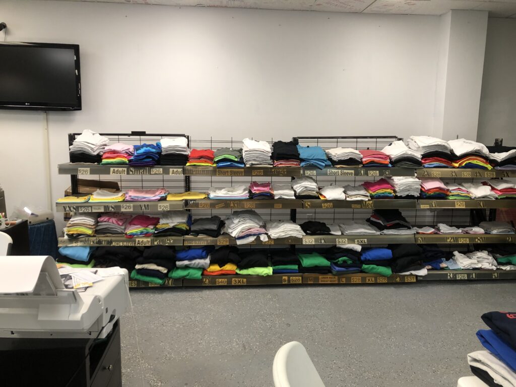 Selection of blank shirts available for custom printing at NuWaka in Vestal, NY